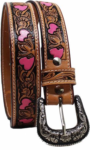 CHALLENGER 25-26 Girls Kids Child Youth 1-1/4" Wide Western Rodeo Fashion Two-Tone Floral Hearts Tooled Leather Belt 26FK37PKC in Saudi Arabia