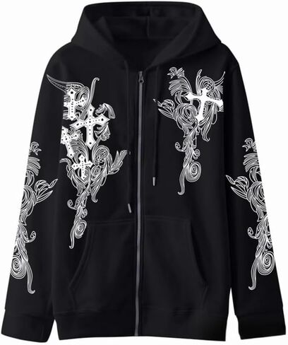 Unisex Y2K Zip Up Hoodie Gothic cross Graphic Emo Grunge Women Men Loose Baggy Fleece Jacket Punk Streetwear in Saudi Arabia