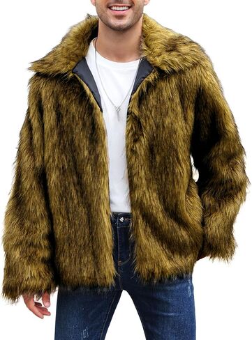 Yimoon Mens Faux Fur Coat Winter Luxury Fluffy Jacket Warm Lapel Collar Furry Parka Jacket Overcoat in Saudi Arabia