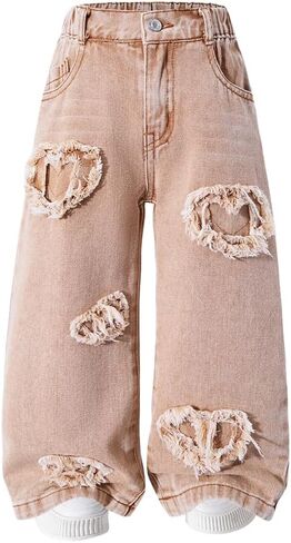 Nivne Tco Toddler Girls Wide Leg Jeans Zipper Fly Elastic Waist Heart Patch Casual Baggy Denim Pants with Five Pockets in Saudi Arabia