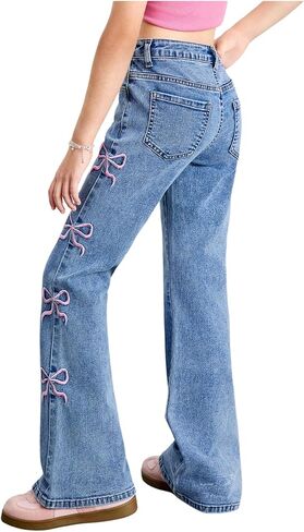 WDIRARA Girl's Cute Bowknot Embroidery Flare Jeans Y2k High Waisted Bootcut Denim Pants in Saudi Arabia