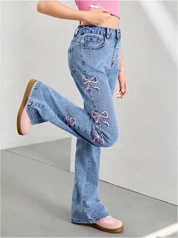 WDIRARA Girl's Cute Bowknot Embroidery Flare Jeans Y2k High Waisted Bootcut Denim Pants in Saudi Arabia