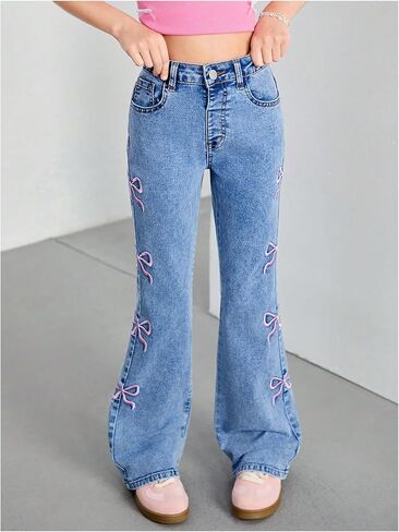 WDIRARA Girl's Cute Bowknot Embroidery Flare Jeans Y2k High Waisted Bootcut Denim Pants in Saudi Arabia
