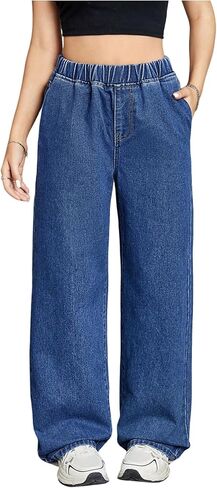 OYOANGLE Girl's Elastic Waist Straight Leg Jeans Loose Pull on Denim Pants with Pockets in Saudi Arabia