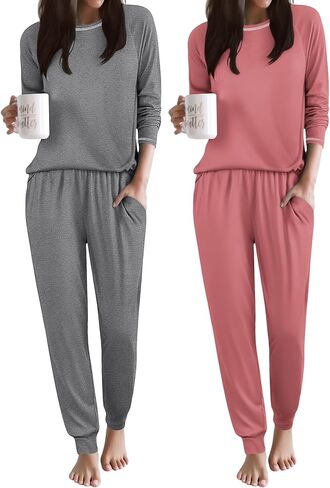 Ekouaer 2 Pack Womens Pajama Set Soft Pjs Long Sleeve Top With Jogger Pants Lounge Sets Sleepwear Loungewear with Pockets in Saudi Arabia