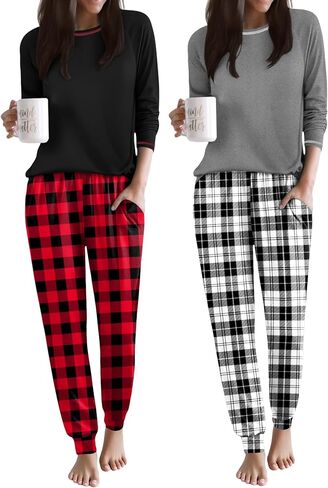 Ekouaer 2 Pack Womens Pajama Set Soft Pjs Long Sleeve Top With Jogger Pants Lounge Sets Sleepwear Loungewear with Pockets in Saudi Arabia