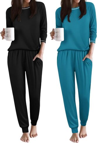 Ekouaer 2 Pack Womens Pajama Set Soft Pjs Long Sleeve Top With Jogger Pants Lounge Sets Sleepwear Loungewear with Pockets in Saudi Arabia