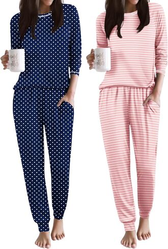 Ekouaer 2 Pack Womens Pajama Set Soft Pjs Long Sleeve Top With Jogger Pants Lounge Sets Sleepwear Loungewear with Pockets in Saudi Arabia
