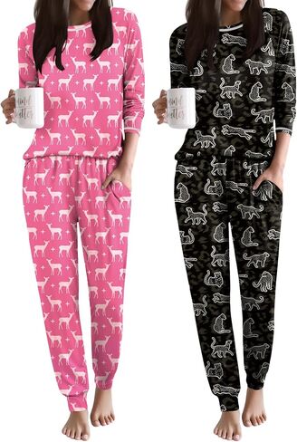 Ekouaer 2 Pack Womens Pajama Set Soft Pjs Long Sleeve Top With Jogger Pants Lounge Sets Sleepwear Loungewear with Pockets in Saudi Arabia