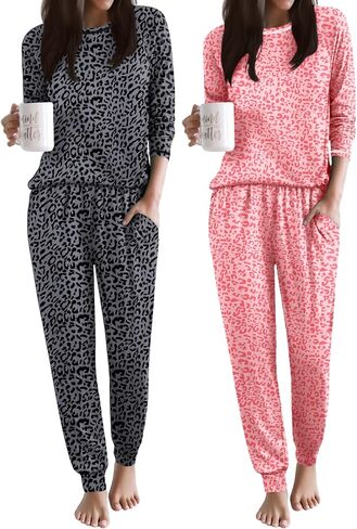 Ekouaer 2 Pack Womens Pajama Set Soft Pjs Long Sleeve Top With Jogger Pants Lounge Sets Sleepwear Loungewear with Pockets in Saudi Arabia