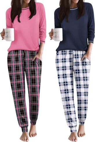 Ekouaer 2 Pack Womens Pajama Set Soft Pjs Long Sleeve Top With Jogger Pants Lounge Sets Sleepwear Loungewear with Pockets in Saudi Arabia