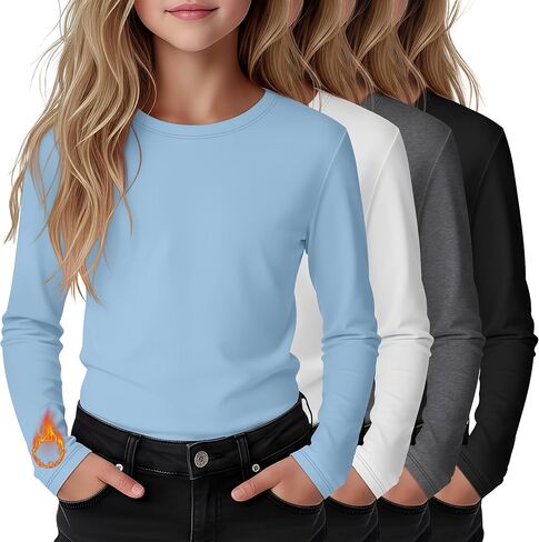 4 قطع من قمصان الفتيات بأكمام طويلة، قمصان أساسية حرارية للأطفال، مبطنة بالصوف، فتحة رقبة دائرية، تي شيرت عصري للخريف من 5 إلى 14 سنة in Kuwait