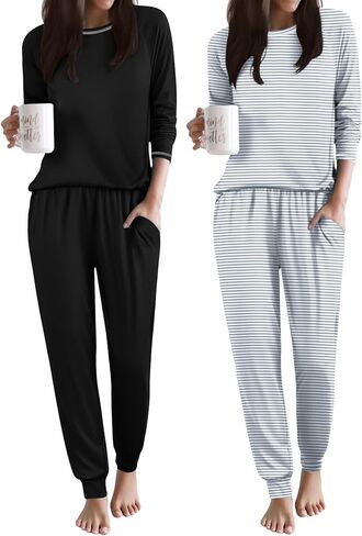 Ekouaer 2 Pack Womens Pajama Set Soft Pjs Long Sleeve Top With Jogger Pants Lounge Sets Sleepwear Loungewear with Pockets in Saudi Arabia
