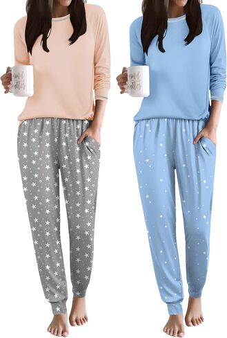 Ekouaer 2 Pack Womens Pajama Set Soft Pjs Long Sleeve Top With Jogger Pants Lounge Sets Sleepwear Loungewear with Pockets in Saudi Arabia