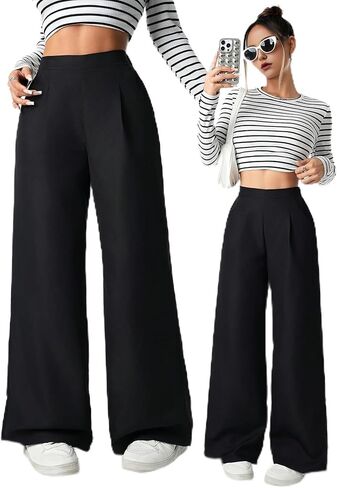Girl's Pants Dress Pants Wide Leg Pants Elastic High Waisted Loose Long Trousers with Pockets Pleated for 13-16Y in Kuwait