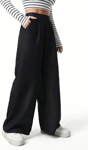 Girl's Pants Dress Pants Wide Leg Pants Elastic High Waisted Loose Long Trousers with Pockets Pleated for 13-16Y in Kuwait