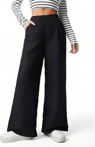 Girl's Pants Dress Pants Wide Leg Pants Elastic High Waisted Loose Long Trousers with Pockets Pleated for 13-16Y in Kuwait