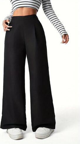 Girl's Pants Dress Pants Wide Leg Pants Elastic High Waisted Loose Long Trousers with Pockets Pleated for 13-16Y in Kuwait