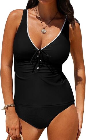 Aleumdr Womens Tankini Swimsuits Tummy Control Two Piece Bathing Suit Tie Knot V Neck Swim Top with Bottom in Saudi Arabia