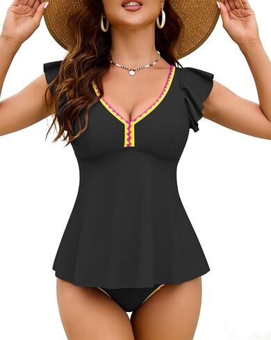 XUNYU Tankini المايوه للنساء البطن تحكم ثوب السباحة التغطية الكاملة 2 قطعة بِدل السباحة عالية الخصر قيعان مكشكشة in Saudi Arabia