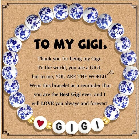 Sereney Mimi/Gigi Gifts for Grandma, Bracelets as Grandmother Gift from Grandkids for Women, Bule and White Porcelain Stretch Bead Bracelet for gigi/mimi Birthday Mothers Day in Kuwait