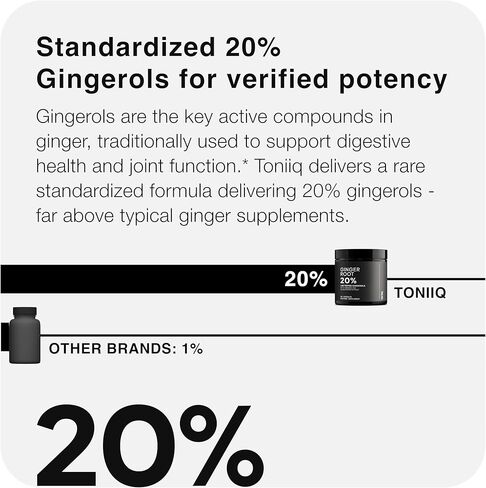 كبسولات جذر الزنجبيل من Toniiq - مستخلص عالي الفعالية 25:1 مع 20% جينجيرول - مع الكركمين والفلفل الأسود للتآزر - تم اختباره معمليًا - 60 كبسولة in Kuwait