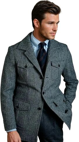 SAINLY Mens Herringbone Grey Woolen Shacket Designer Travel Jacket Tweed British Safari Jackets for Men in Saudi Arabia
