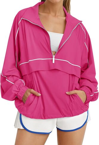 Fisoew Quarter Zip Pullover Women Lightweight Windbreaker Jacket Oversized Sweatshirt Workout Athletic Pullover in Saudi Arabia