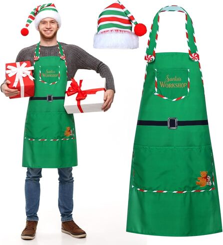 Bonuci Christmas Elf Costume Set Include Elf Workshop Apron with Santa Hat Adults Santa's Helper Cosplay for Xmas Party Accessories in Saudi Arabia
