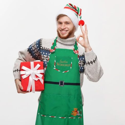 Bonuci Christmas Elf Costume Set Include Elf Workshop Apron with Santa Hat Adults Santa's Helper Cosplay for Xmas Party Accessories in Saudi Arabia