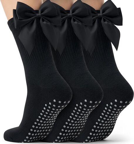 3 Pairs Pilates Socks Non Slip Yoga Crew Sock Coquette Satin Bow Pilates Grip Socks for Women Ballet Athletic Gifts in Saudi Arabia