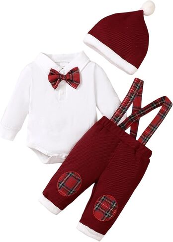 Thorn Tree Baby Boy Clothing Sets Long Sleeve Santa Embroidery Romper with Plaid Overalls and Hat 3Pcs Christmas Outfits in Saudi Arabia