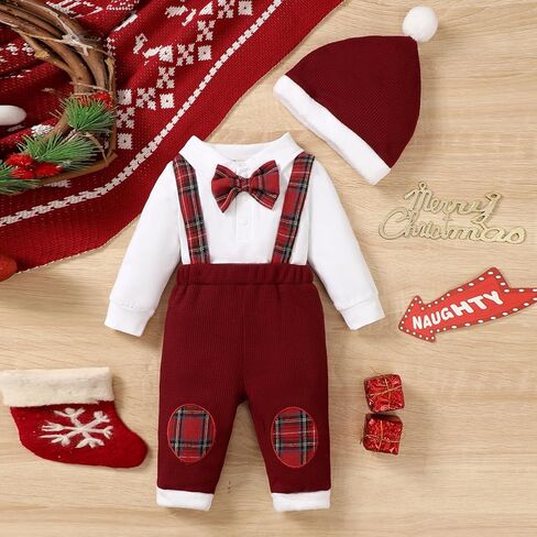 Thorn Tree Baby Boy Clothing Sets Long Sleeve Santa Embroidery Romper with Plaid Overalls and Hat 3Pcs Christmas Outfits in Saudi Arabia