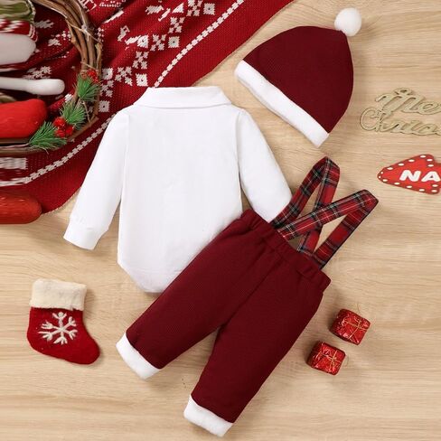 Thorn Tree Baby Boy Clothing Sets Long Sleeve Santa Embroidery Romper with Plaid Overalls and Hat 3Pcs Christmas Outfits in Saudi Arabia
