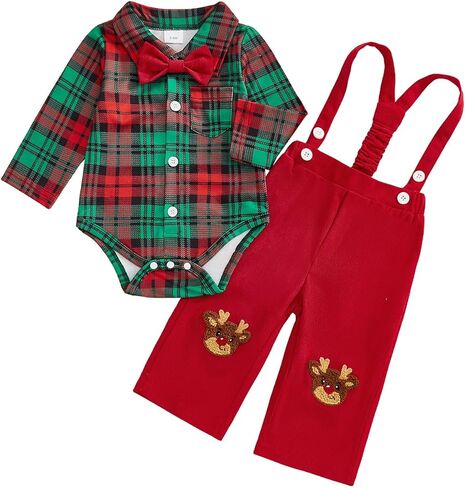 Thorn Tree Baby Boy Clothing Sets Long Sleeve Santa Embroidery Romper with Plaid Overalls and Hat 3Pcs Christmas Outfits in Saudi Arabia