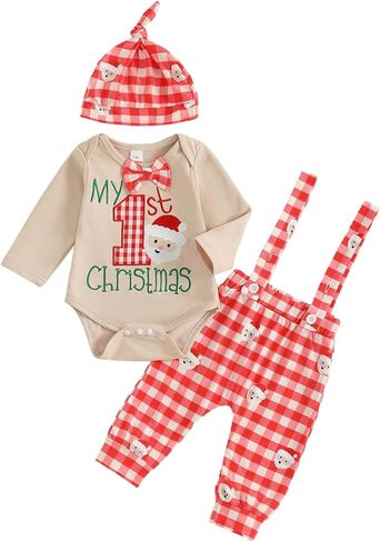Thorn Tree Baby Boy Clothing Sets Long Sleeve Santa Embroidery Romper with Plaid Overalls and Hat 3Pcs Christmas Outfits in Saudi Arabia