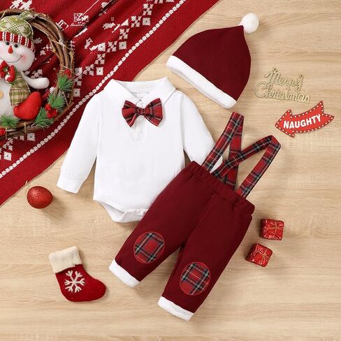 Thorn Tree Baby Boy Clothing Sets Long Sleeve Santa Embroidery Romper with Plaid Overalls and Hat 3Pcs Christmas Outfits in Saudi Arabia