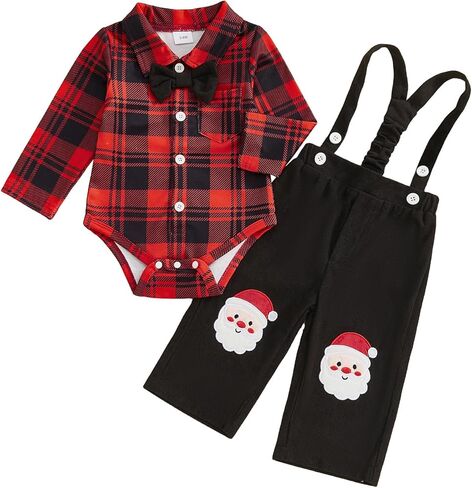 Thorn Tree Baby Boy Clothing Sets Long Sleeve Santa Embroidery Romper with Plaid Overalls and Hat 3Pcs Christmas Outfits in Saudi Arabia