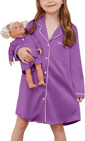 Jxstar Matching Girls&Doll Dark Pink Satin Nightgowns for Toddler Girls Silk Pajamas Fall Winter Sleep Dresses,3t 4t in Kuwait