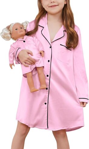 Jxstar Matching Girls&Doll Dark Pink Satin Nightgowns for Toddler Girls Silk Pajamas Fall Winter Sleep Dresses,3t 4t in Kuwait