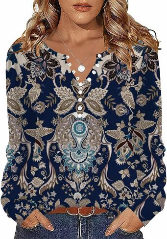 Zeagoo Fall Tops for Women Long Sleeve Button Up Shirts Floral Tunics V Neck Pullover Blouse in Kuwait