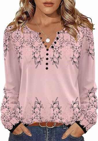 Zeagoo Fall Tops for Women Long Sleeve Button Up Shirts Floral Tunics V Neck Pullover Blouse in Kuwait