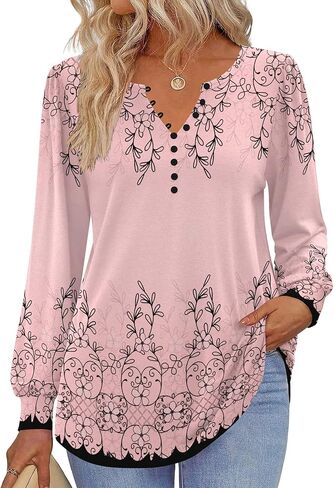Zeagoo Fall Tops for Women Long Sleeve Button Up Shirts Floral Tunics V Neck Pullover Blouse in Kuwait