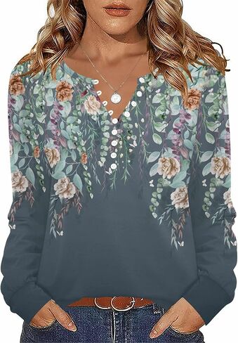 Zeagoo Fall Tops for Women Long Sleeve Button Up Shirts Floral Tunics V Neck Pullover Blouse in Kuwait