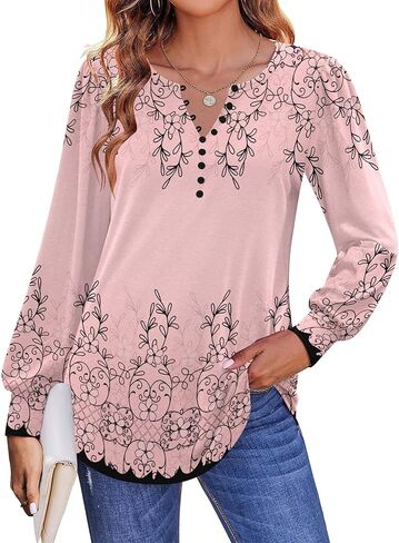 Zeagoo Fall Tops for Women Long Sleeve Button Up Shirts Floral Tunics V Neck Pullover Blouse in Kuwait