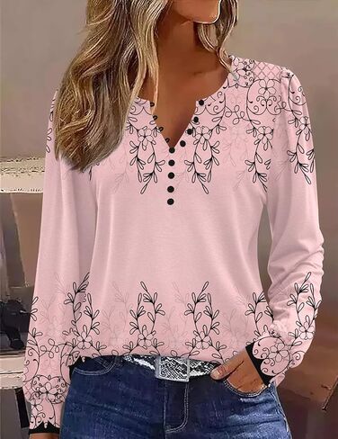 Zeagoo Fall Tops for Women Long Sleeve Button Up Shirts Floral Tunics V Neck Pullover Blouse in Kuwait