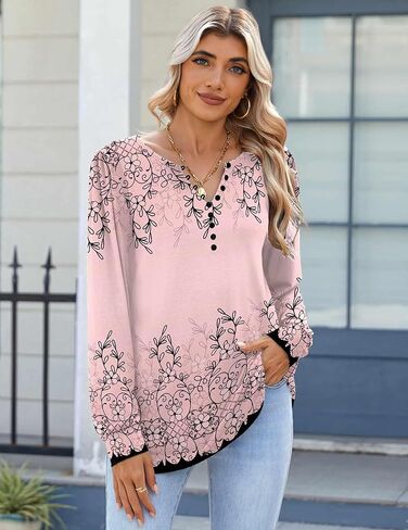 Zeagoo Fall Tops for Women Long Sleeve Button Up Shirts Floral Tunics V Neck Pullover Blouse in Kuwait