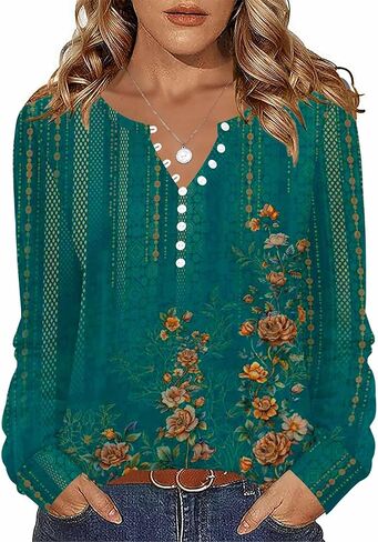 Zeagoo Fall Tops for Women Long Sleeve Button Up Shirts Floral Tunics V Neck Pullover Blouse in Kuwait