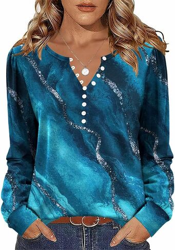 Zeagoo Fall Tops for Women Long Sleeve Button Up Shirts Floral Tunics V Neck Pullover Blouse in Kuwait