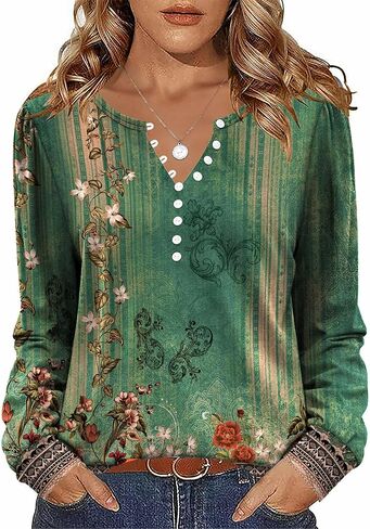 Zeagoo Fall Tops for Women Long Sleeve Button Up Shirts Floral Tunics V Neck Pullover Blouse in Kuwait